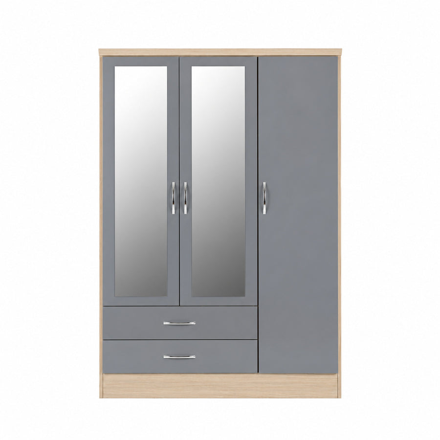 NEVADA 3 DOOR 2 DRAWER MIRRORED WARDROBE - GREY GLOSS/LIGHT OAK EFFECT VENEER