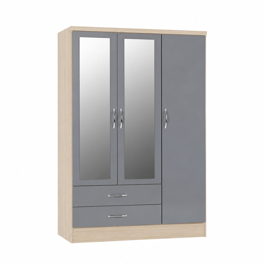 NEVADA 3 DOOR 2 DRAWER MIRRORED WARDROBE - GREY GLOSS/LIGHT OAK EFFECT VENEER