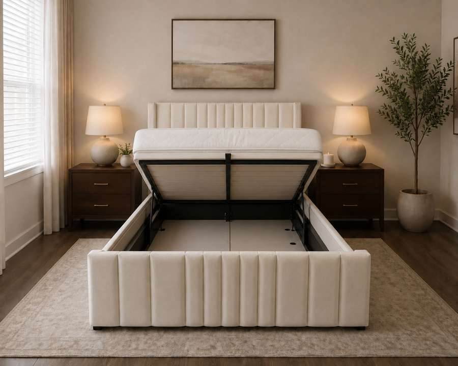 Winged Ottoman Storage Bed Frame (Cream Velvet)