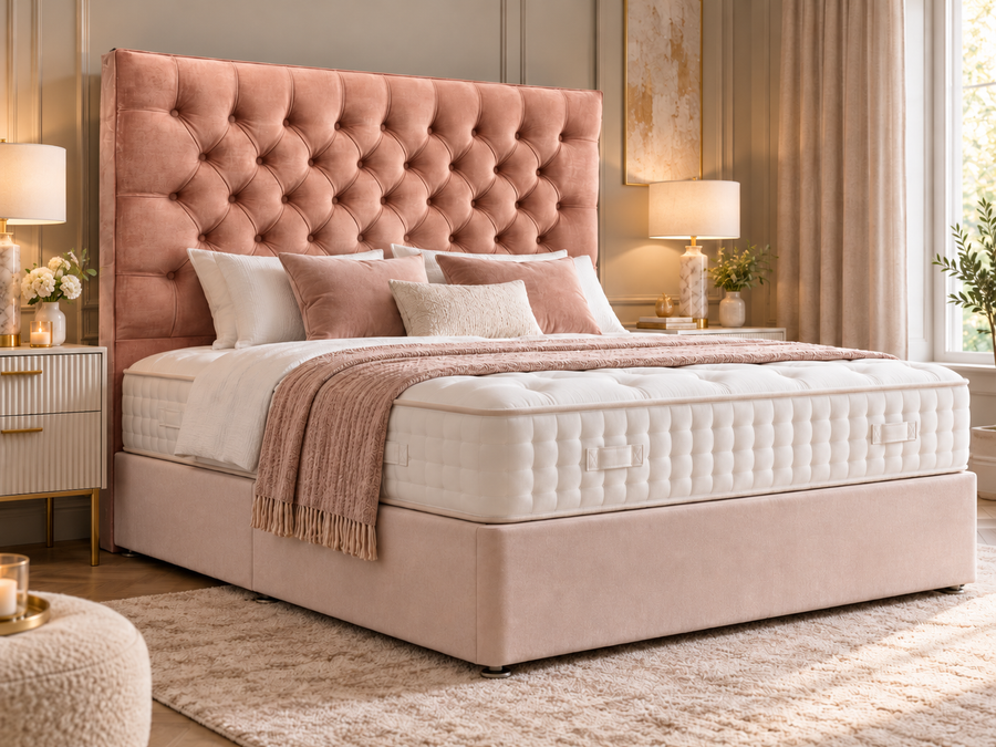 Blush Pink Deep Buttoned Double Bed with 54” Floorstanding Headboard - Mattress included