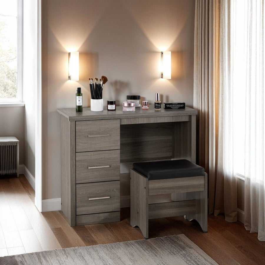 Lisbon 2 Piece Dressing Table Set – Black Wood Grain & Black Faux Leather