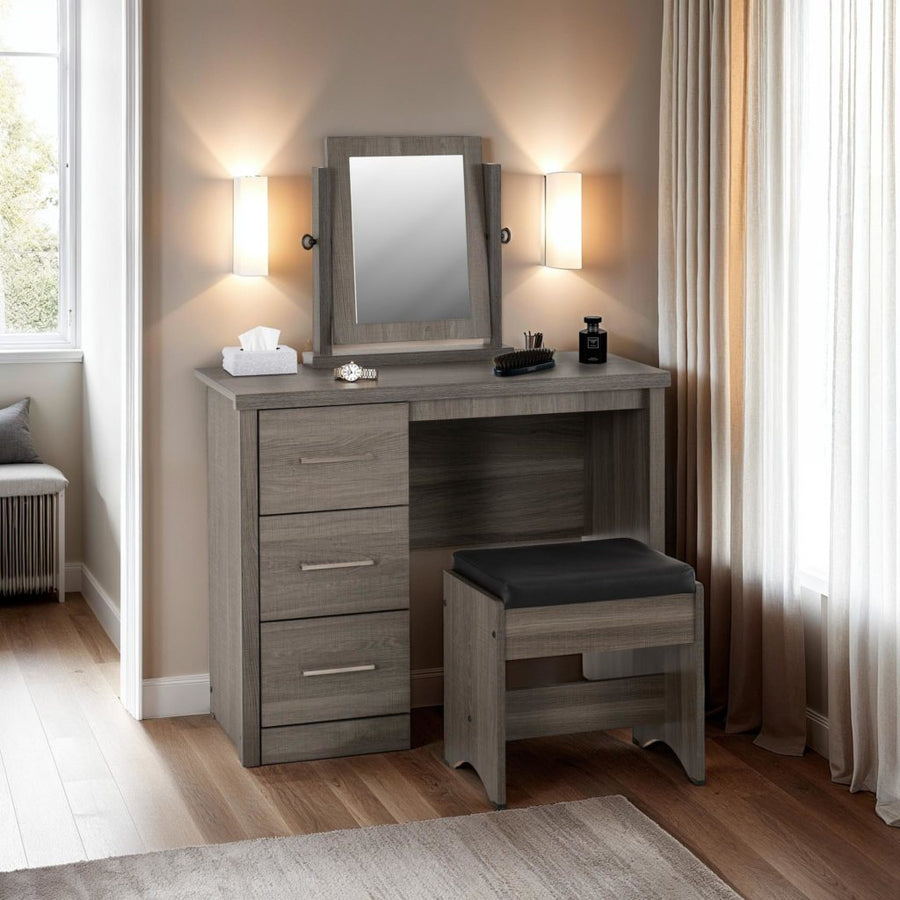 Lisbon 3 Piece Dressing Table Set with Mirror – Black Wood Grain & Black Faux Leather