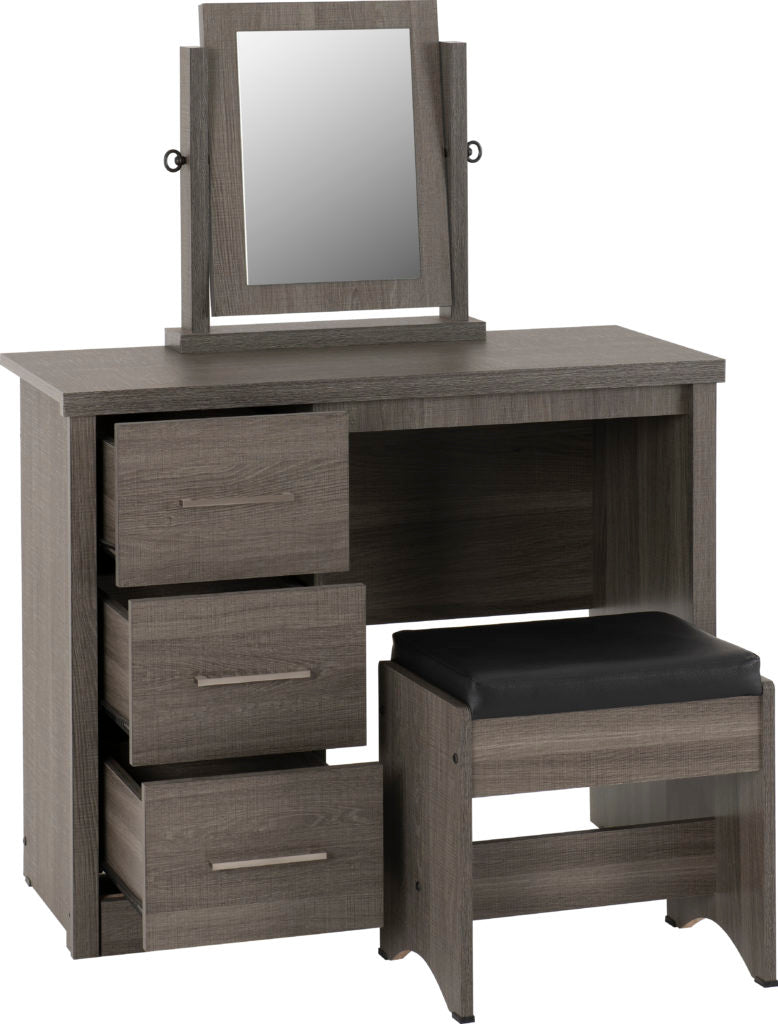 Lisbon 3 Piece Dressing Table Set with Mirror – Black Wood Grain & Black Faux Leather