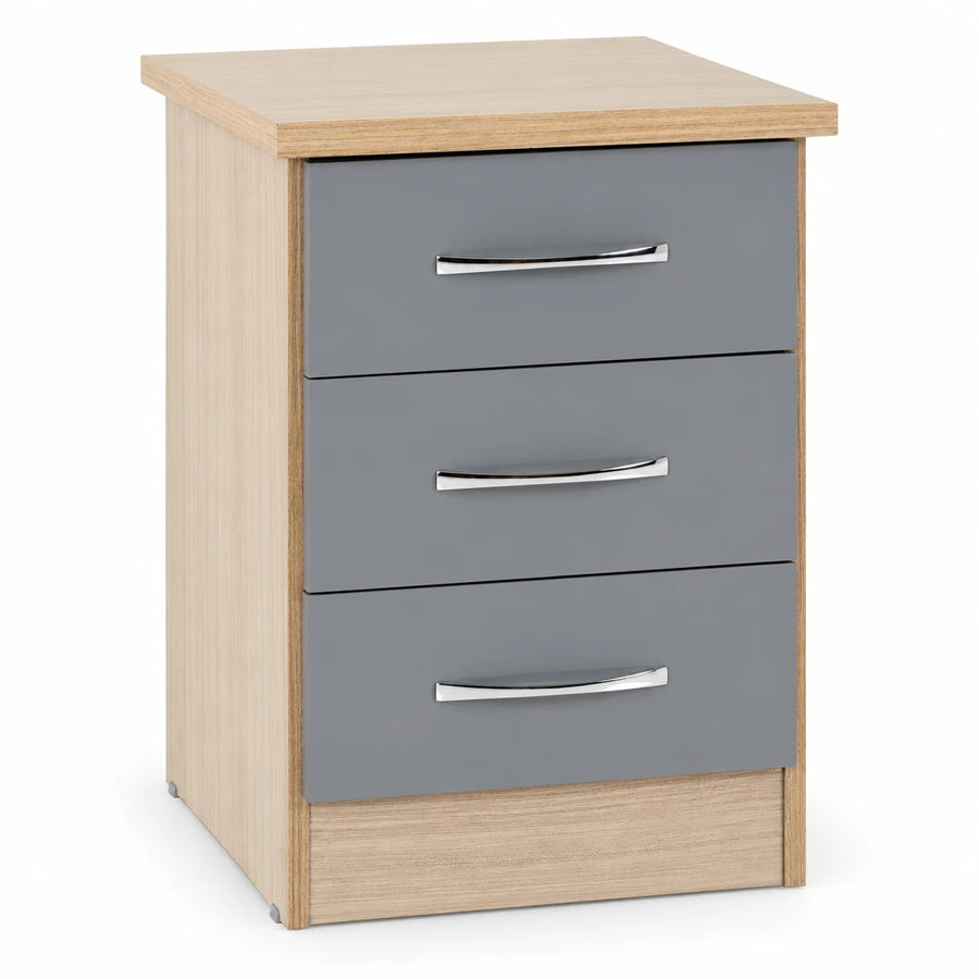 NEVADA 3 DRAWER BEDSIDE - GREY GLOSS/LIGHT OAK EFFECT VENEER