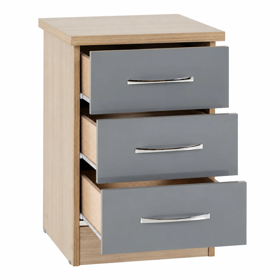 NEVADA 3 DRAWER BEDSIDE - GREY GLOSS/LIGHT OAK EFFECT VENEER