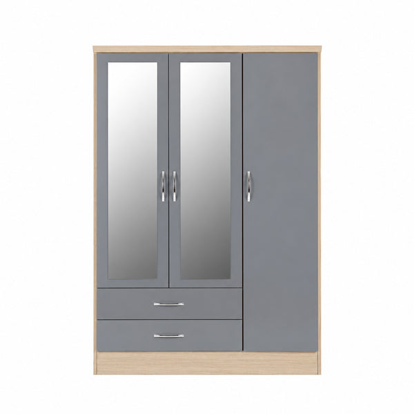 NEVADA 3 DOOR 2 DRAWER MIRRORED WARDROBE - GREY GLOSS/LIGHT OAK EFFECT VENEER