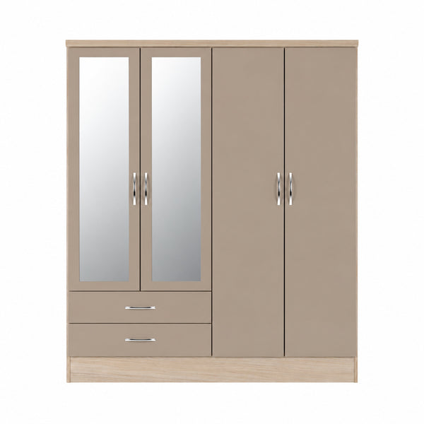 NEVADA 4 DOOR 2 DRAWER MIRRORED WARDROBE - OYSTER GLOSS/LIGHT OAK EFFECT VENEER