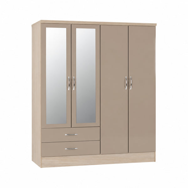 NEVADA 4 DOOR 2 DRAWER MIRRORED WARDROBE - OYSTER GLOSS/LIGHT OAK EFFECT VENEER
