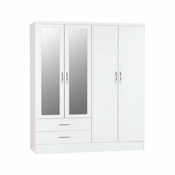 NEVADA 4 DOOR 2 DRAWER MIRRORED WARDROBE - WHITE GLOSS