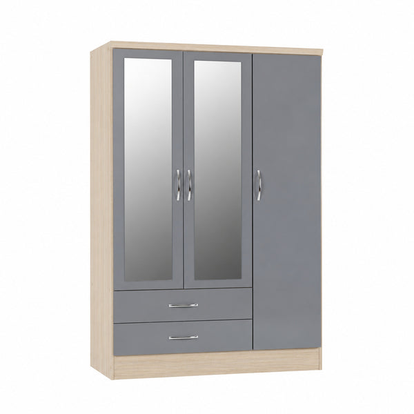 NEVADA 3 DOOR 2 DRAWER MIRRORED WARDROBE - GREY GLOSS/LIGHT OAK EFFECT VENEER