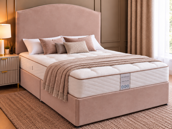 Blush Pink Curved Double Bed with 54” Floorstanding Headboard - Choice of Mattress