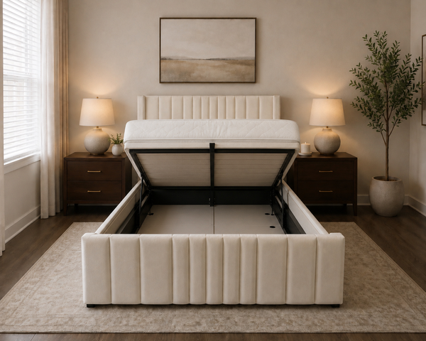 Winged Ottoman Storage Bed Frame (Cream Velvet)