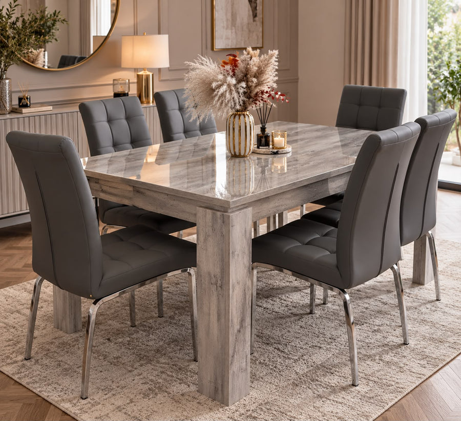Italian Alexa Fixed Dining Table with 6 Grey Chairs