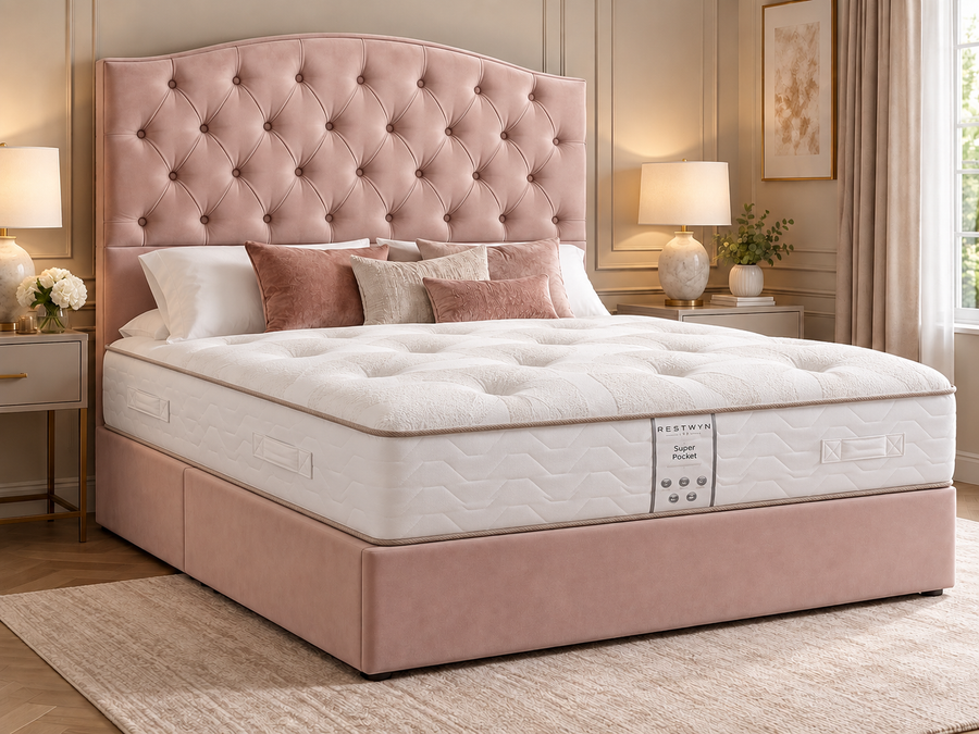 Blush Pink Deep Buttoned Double Bed with 54” Floorstanding Headboard-choice of Mattress