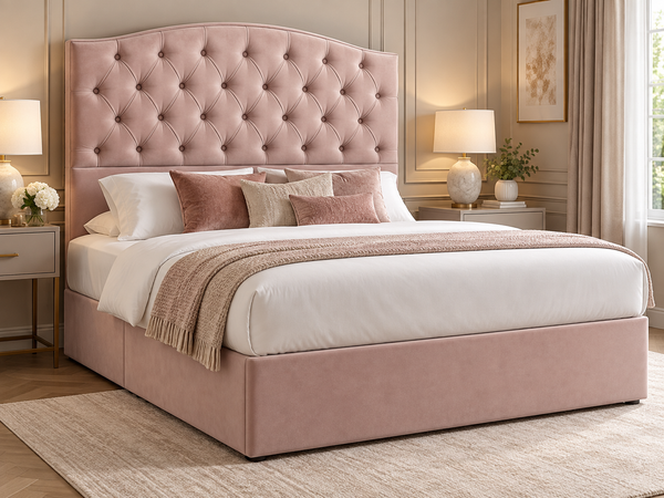 Blush Pink Deep Buttoned Double Bed with 54” Floorstanding Headboard-choice of Mattress