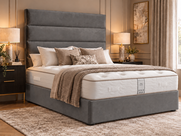 Grey Panelled Double Bed with 54” Floorstanding Headboard and Mattress