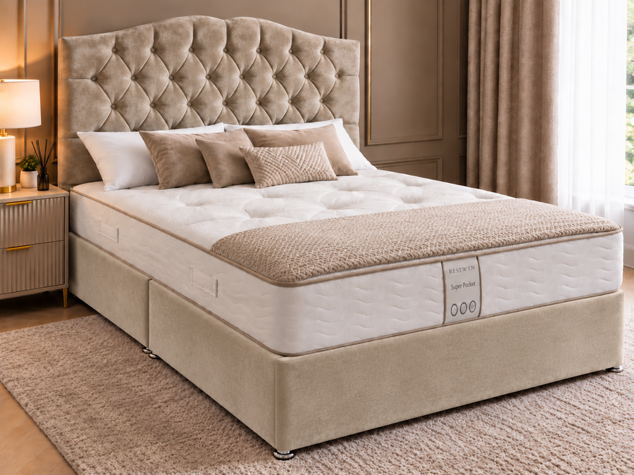 Elegant Buttoned Double Bed with 54” Floorstanding Headboard – Choice of Mattress
