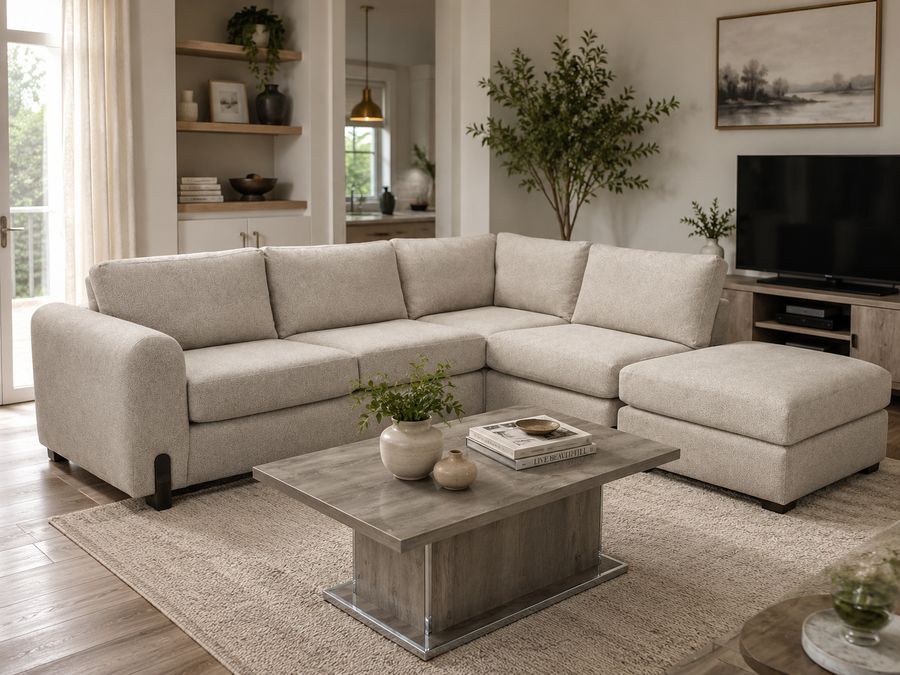 Prague Columbus Cream Corner Sofa with Detatachable Stool