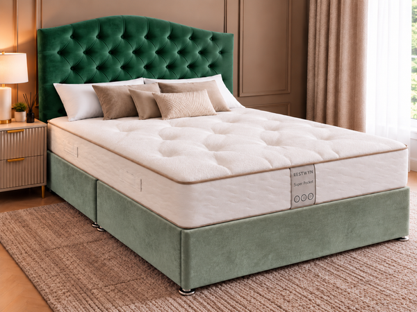 Emerald Green Buttoned Double Bed with 54” Floorstanding Headboard – Choice of Mattress