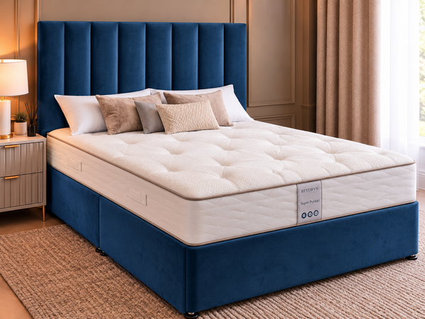 Royal Blue Panelled Double Bed with 54” Floorstanding Headboard -choice of Mattress