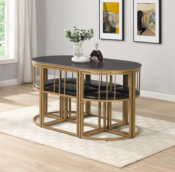 Madrid Modern 6-Seater Dining Table Set With 6 Chairs – Stone Top with Elegant Metal Frame