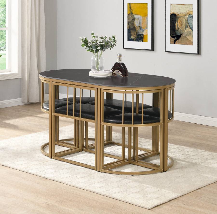 Madrid Modern 6-Seater Dining Table Set With 6 Chairs – Stone Top with Elegant Metal Frame
