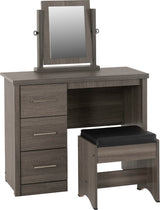 Lisbon 3 Piece Dressing Table Set with Mirror – Black Wood Grain & Black Faux Leather