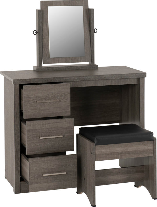 Lisbon 3 Piece Dressing Table Set with Mirror – Black Wood Grain & Black Faux Leather