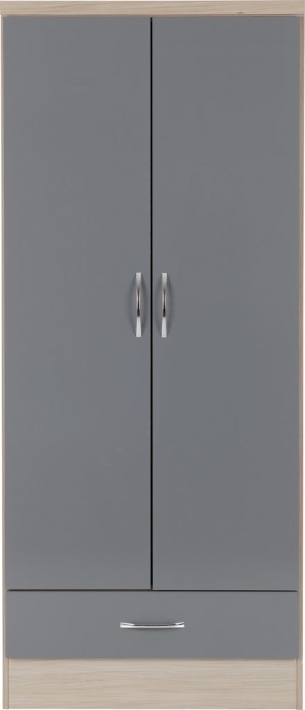 NEVADA 2 DOOR 1 DRAWER WARDROBE - GREY GLOSS/LIGHT OAK EFFECT VENEER