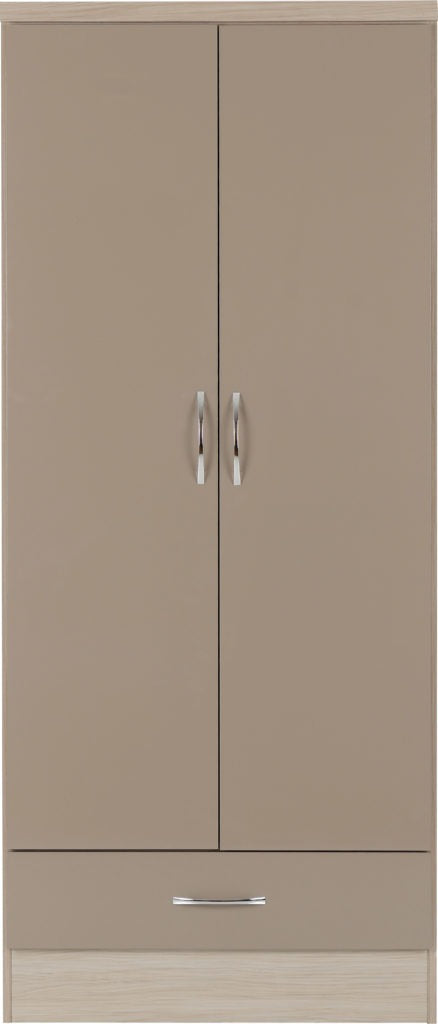 NEVADA 2 DOOR 1 DRAWER WARDROBE - OYSTER GLOSS/LIGHT OAK EFFECT VENEER