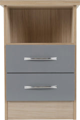 NEVADA 2 DRAWER BEDSIDE - GREY GLOSS/LIGHT OAK EFFECT VENEER