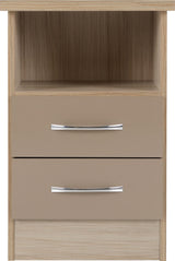 NEVADA 2 DRAWER BEDSIDE - OYSTER GLOSS/LIGHT OAK EFFECT VENEER