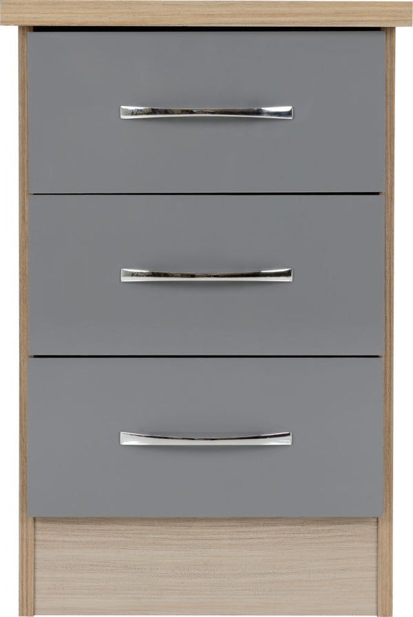 NEVADA 3 DRAWER BEDSIDE - GREY GLOSS/LIGHT OAK EFFECT VENEER