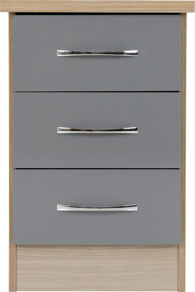 NEVADA 3 DRAWER BEDSIDE - GREY GLOSS/LIGHT OAK EFFECT VENEER
