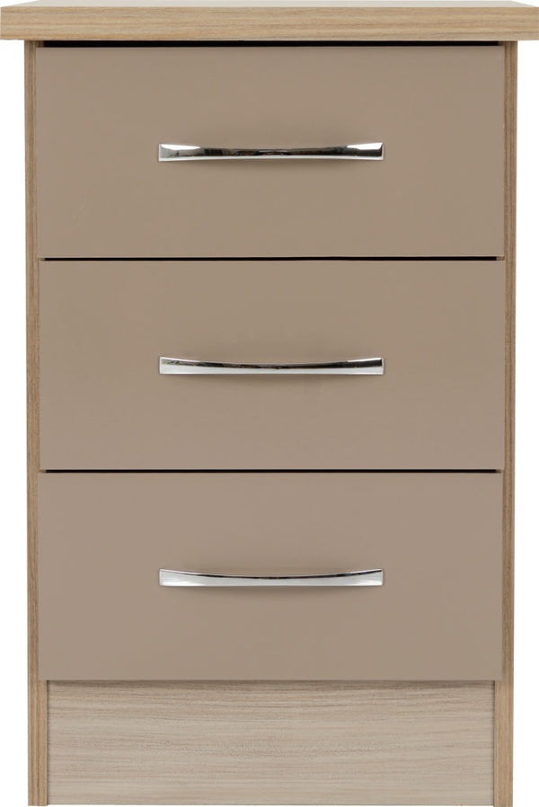 NEVADA 3 DRAWER BEDSIDE - OYSTER GLOSS/LIGHT OAK EFFECT VENEER