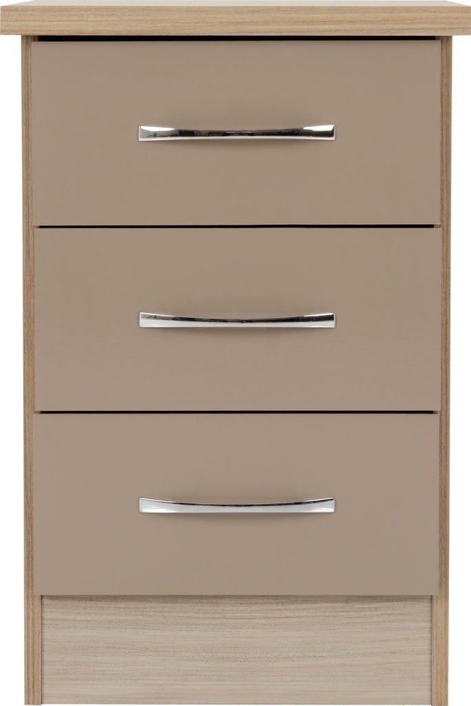 NEVADA 3 DRAWER BEDSIDE - OYSTER GLOSS/LIGHT OAK EFFECT VENEER