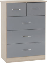 Nevada 5 Drawer Chest (3+2) – Grey Gloss & Light Oak Effect Veneer