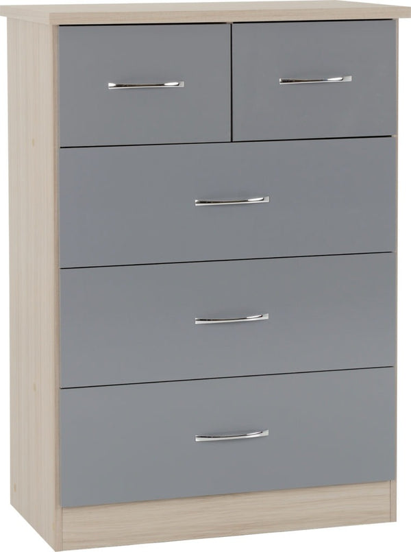 Nevada 5 Drawer Chest (3+2) – Grey Gloss & Light Oak Effect Veneer