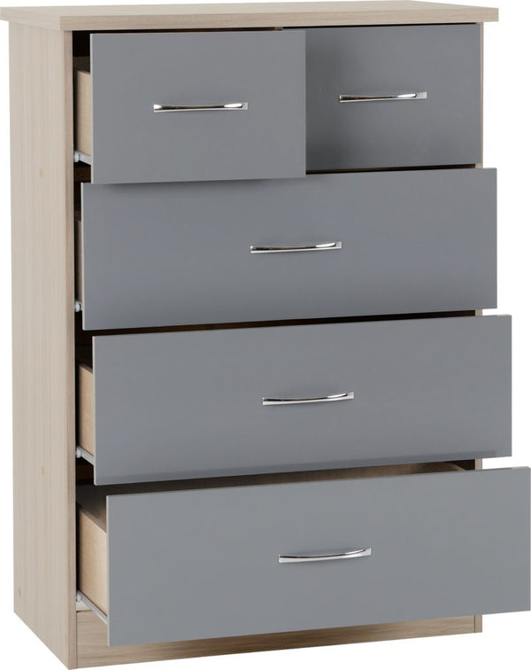 Nevada 5 Drawer Chest (3+2) – Grey Gloss & Light Oak Effect Veneer