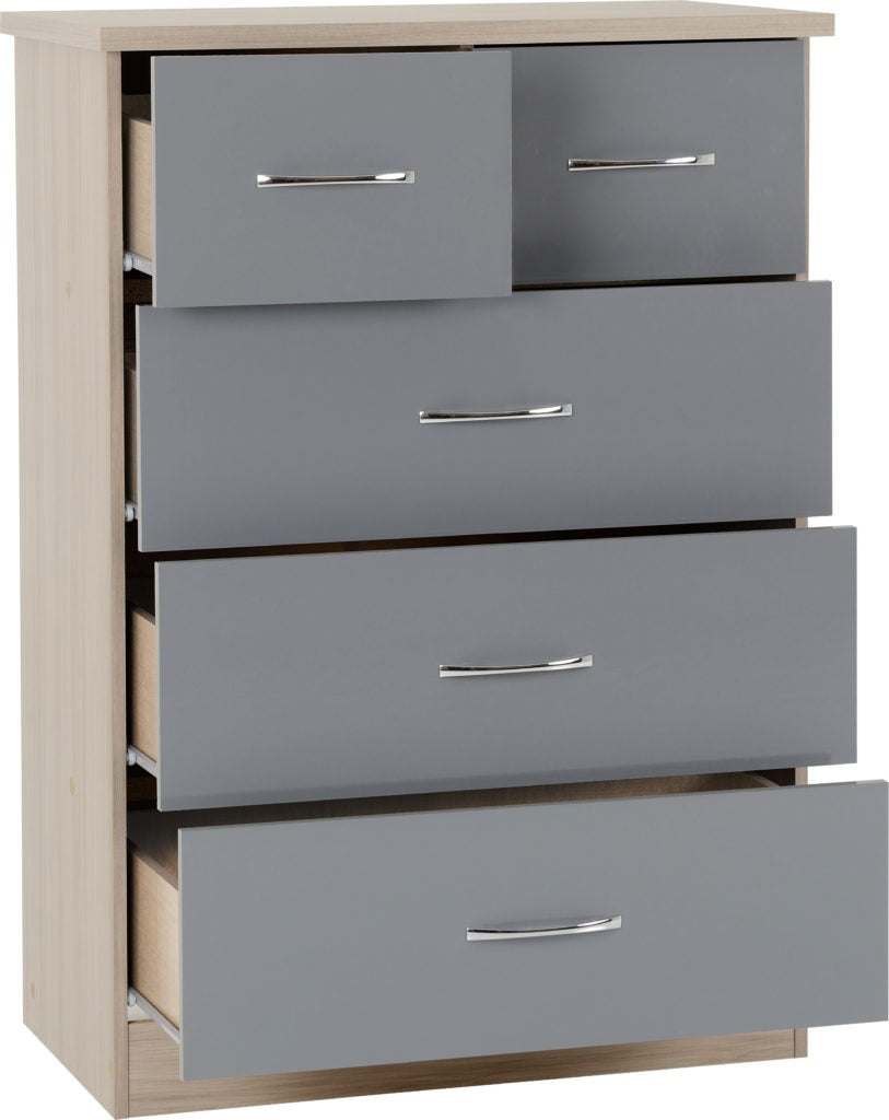 Nevada 5 Drawer Chest (3+2) – Grey Gloss & Light Oak Effect Veneer