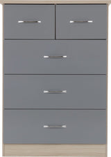 Nevada 5 Drawer Chest (3+2) – Grey Gloss & Light Oak Effect Veneer