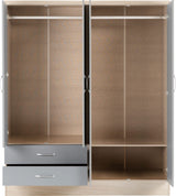 NEVADA 4 DOOR 2 DRAWER MIRRORED WARDROBE - GREY GLOSS/LIGHT OAK EFFECT VENEER
