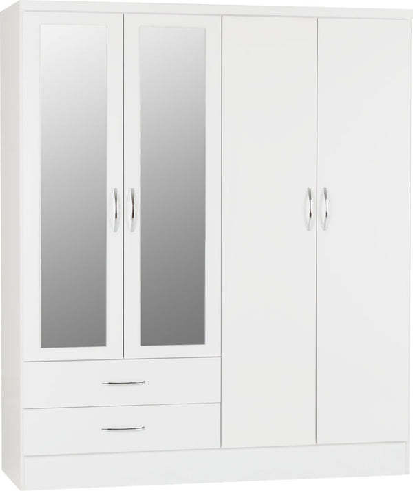 NEVADA 4 DOOR 2 DRAWER MIRRORED WARDROBE - WHITE GLOSS