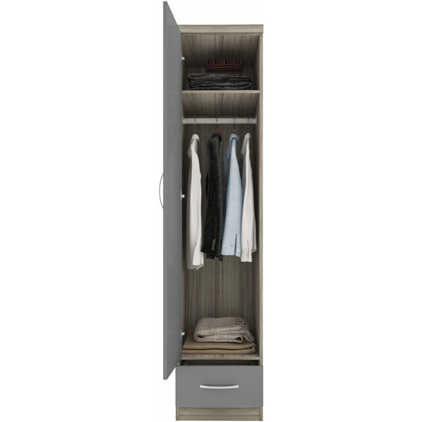 NEVADA 1 DOOR 1 DRAWER WARDROBE - GREY GLOSS/LIGHT OAK EFFECT VENEER