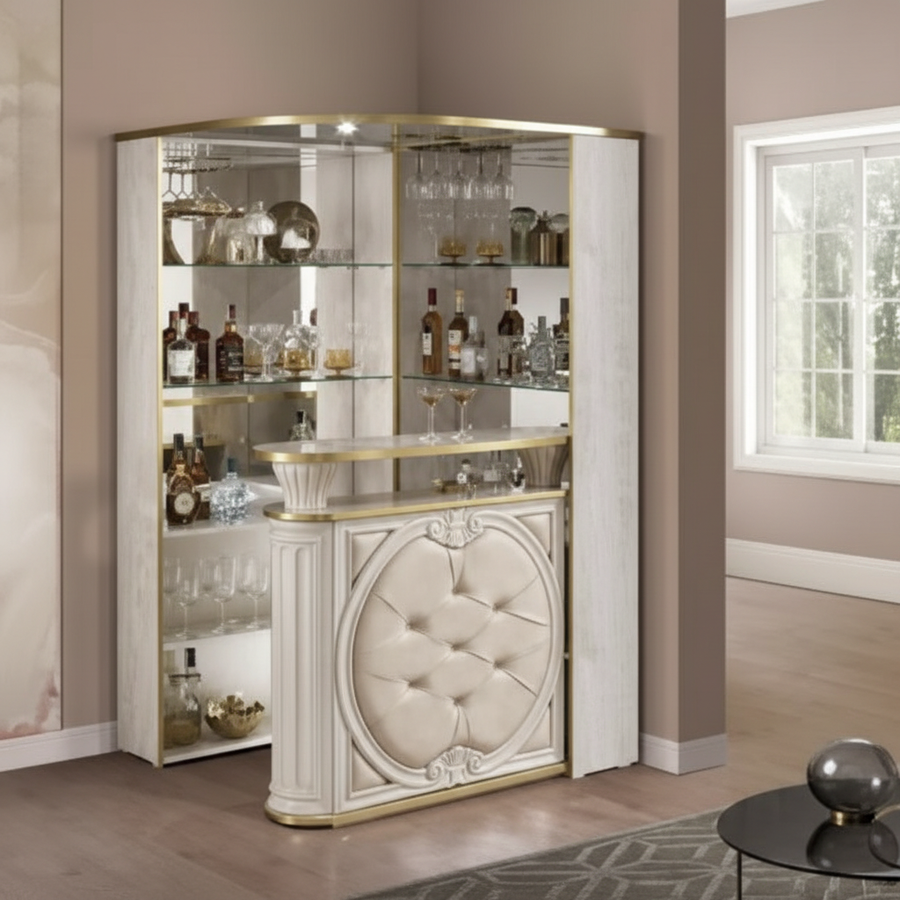 Aurora Corner Bar Unit with Beige Microfiber - Beige Birch Gold