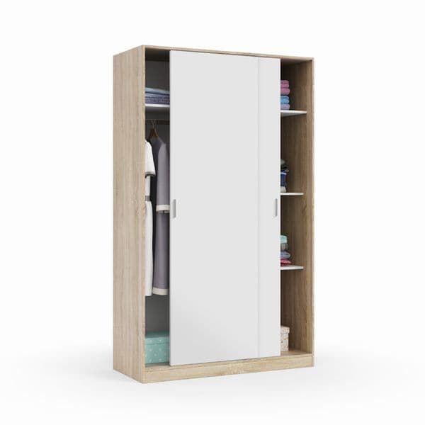 Durham Artic White and Oak Effect Small Narrow Sliding 2 Door Wardrobe 120cm Wide - 3208