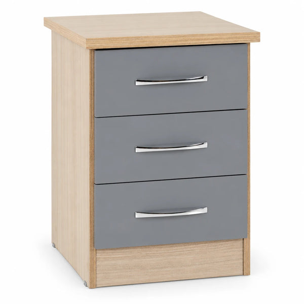 NEVADA 3 DRAWER BEDSIDE - GREY GLOSS/LIGHT OAK EFFECT VENEER
