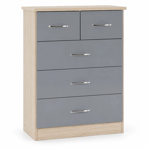 Nevada 5 Drawer Chest (3+2) – Grey Gloss & Light Oak Effect Veneer