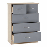 Nevada 5 Drawer Chest (3+2) – Grey Gloss & Light Oak Effect Veneer