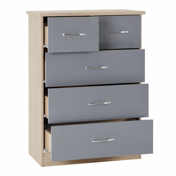 Nevada 5 Drawer Chest (3+2) – Grey Gloss & Light Oak Effect Veneer